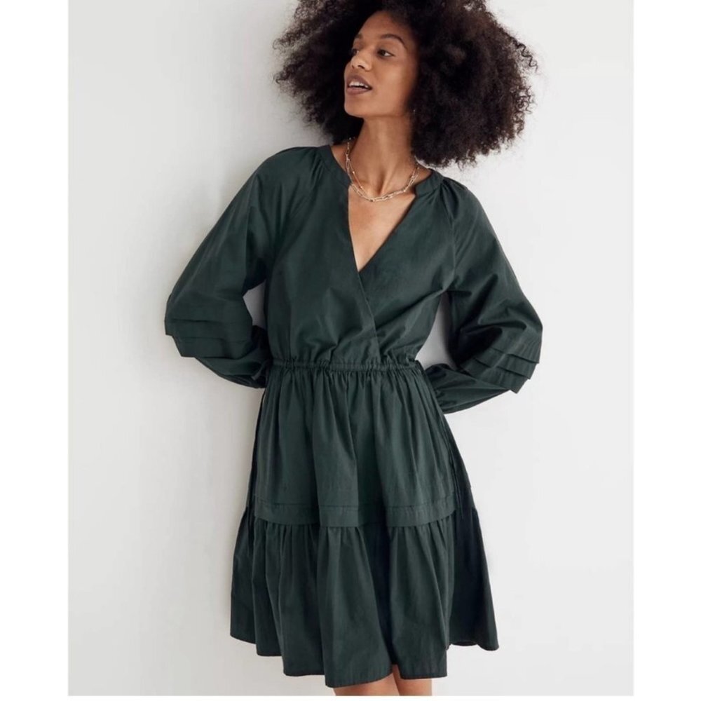 Madewell Crinkle Poplin Wrap Mini Dress Size Small Green Tiered Preppy Casual